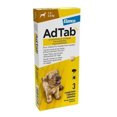 AdTab kauwtablet tegen vlooien en teken voor honden en pups van 1,3 tot 2,5 kg