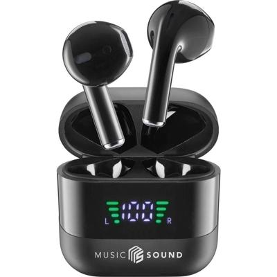 Music Sound, Spark TWS Hoofdtelefoon, Bluetooth, draadloos, led-display, 30 uur afspelen, automatische koppeling, touch-bediening op de oordopjes, zwart