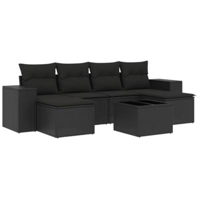7-delige Loungeset met kussens poly rattan zwart