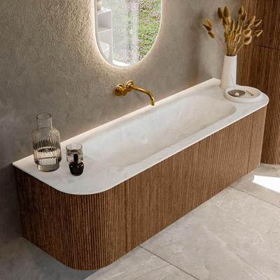 Mondiaz KURVE-DLUX 150 cm Onderkast Greeploos 1 Lade Met Deuren Walnut, Wastafel Solid Surface Midden Opalo 0 Kraangaten Zonder Spiegel (KRVBGM150L+R1L2D0KM-Wal/Opa)