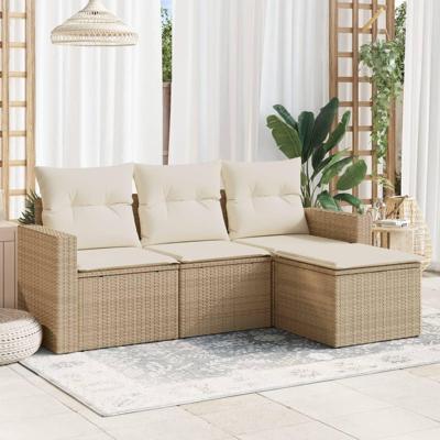 4-delige Loungeset met kussens poly rattan beige - thumbnail