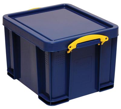 Really Useful Box opbergdoos 35 liter, donkerblauw met gele handvaten Really Useful Box opbergdoos 35 liter, donkerblauw met gele handvaten