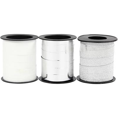 Creativ Company Cadeaulint, b: 10 mm, zilver, glitter zilver, wit, 3x15 m/ 1 doos