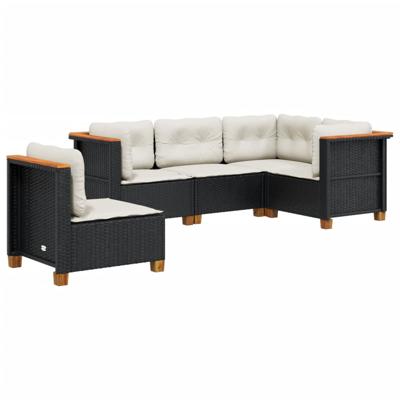 5-delige Loungeset met kussens poly rattan zwart