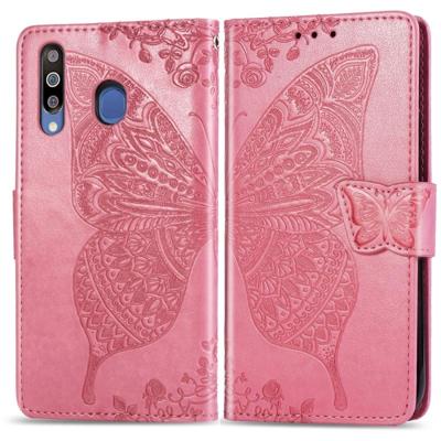 Butterfly Love bloemen reliëf horizontale Flip lederen case voor Galaxy M30 met houder & kaartsleuven & portemonnee & Lanyard (roze)