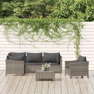 6-delige Loungeset met kussens poly rattan grijs