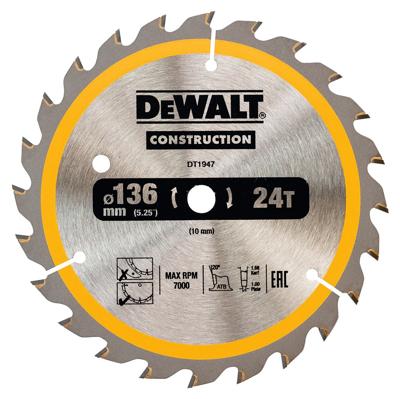 DeWalt Accessoires Cirkelzaagblad 136x10x24t, wisseltand, positief 20°, kerf 1,6mm - DT1947-QZ DeWalt Accessoires Cirkelzaagblad 136x10x24t, wisseltand, positief 20°, kerf 1,6mm - DT1947-QZ