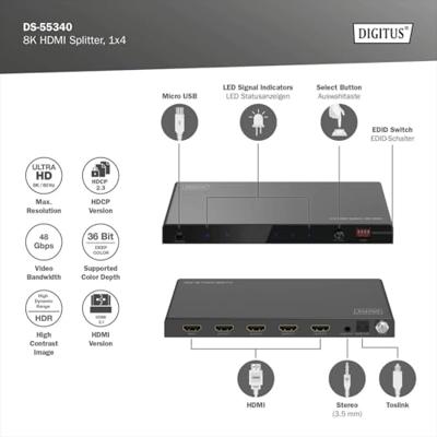Digitus DS-55340 4 poorten HDMI-splitter Individueel schakelbaar, LED-weergave, Met status-LEDs, Ultra HD-geschikt, Voor intern gebruik, Met metalen behuizing Digitus DS-55340 4 poorten HDMI-splitter Individueel schakelbaar, LED-weergave, Met status-LEDs, Ultra HD-geschikt, Voor intern gebruik, Met metalen behuizing