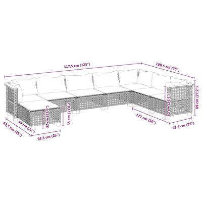 9-delige Loungeset met kussens poly rattan grijs