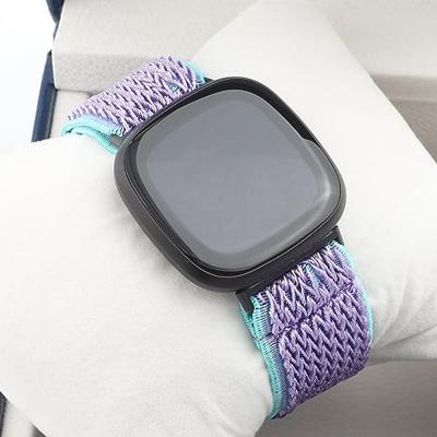 By Qubix - Compatible met Fitbit Versa 3/4 & Sense 1/2 Nylon loop bandje - Paars met lichtblauw - Compatible fitbit bandje
