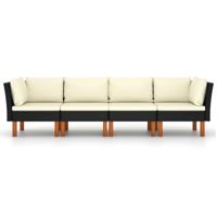 Tuinbank 4-zits met kussens poly rattan zwart - thumbnail