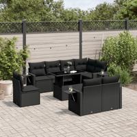 9-delige Loungeset met kussens poly rattan zwart - thumbnail