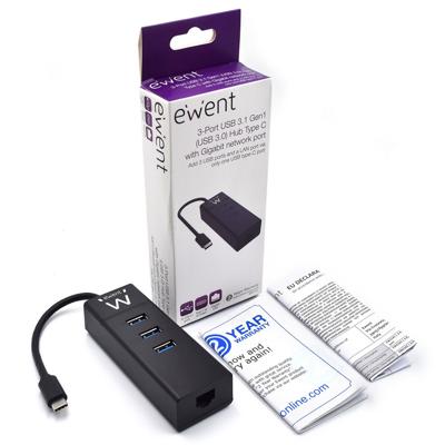 Ewent EW1141 USB-C-hub, 3 poorten USB 3.0 en LAN-adapter 1000 Mbps Gigabit Ethernet RJ45, USB 3.0 hub snelle gegevensoverdracht voor Macbook, Chromebook