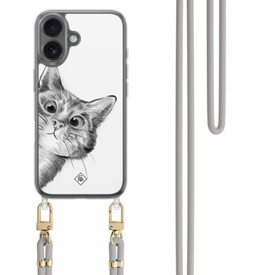 iPhone 16 hoesje met grijs koord - Peekaboo kat iPhone 16 hoesje met grijs koord - Peekaboo kat
