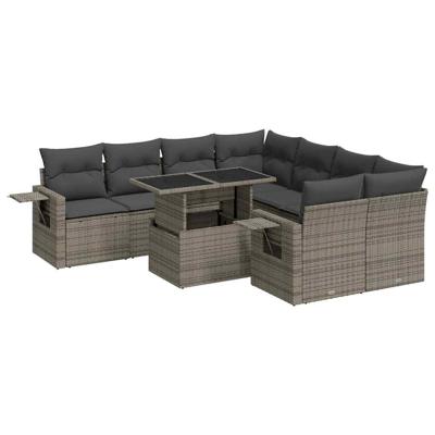 9-delige Loungeset met kussens poly rattan grijs