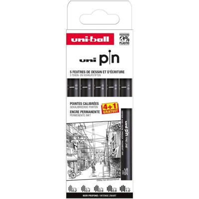 Uni Pin fineliner, gekalibreerde punten, zwart, 0,2-0,4-0,6-0,8-1,0 mm, blister van 4 + 1 gratis Uni Pin fineliner, gekalibreerde punten, zwart, 0,2-0,4-0,6-0,8-1,0 mm, blister van 4 + 1 gratis