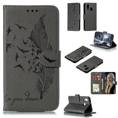 Feather patroon Litchi textuur horizontale Flip lederen draagtas met portemonnee & houder & kaartsleuven voor Galaxy A40 (grijs) Feather patroon Litchi textuur horizontale Flip lederen draagtas met portemonnee & houder & kaartsleuven voor Galaxy A40 (grijs)