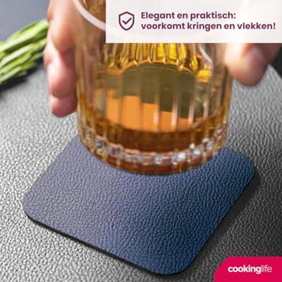 Cookinglife 6 Placemats + 6 Onderzetters - Dubbelzijdig - Vegan leer - Blauw / Grijs