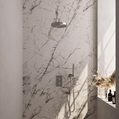 Brauer Stripe thermostatische inbouw regendouche 3-weg rechthoekig SET 14 met 25 cm douchekop en gebogen muurarm en staaf handdouche en doucheslang en wandaansluitbocht RVS-kleurig geborsteld PVD