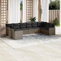 10-delige Loungeset met kussens poly rattan grijs - thumbnail