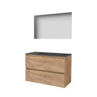 Basic-Line Basic 46 Badkamermeubelset - 100 x 46 cm - Greeploos - 2 Lades - Hardstenen Wastafel - 1 Kraangat - Spiegel - Whisky Oak - thumbnail