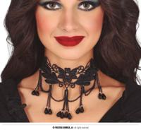 Zwarte Ketting Bloemenpatroon met steentjes - thumbnail