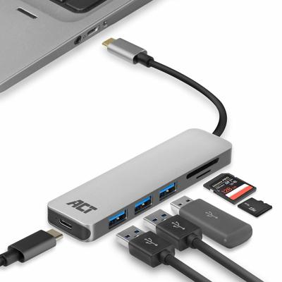 ACT USB-C Hub met USB-A, Kaartlezer, USB-C female met PD Pass-Through poort 55W