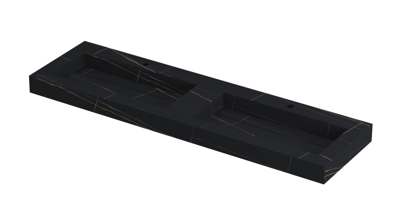 INK Pitch Wastafel Keramische Slab Bak Dubbel met Drain en Front en Side Skirts 2 Kraangaten - 1600x450x90 mm - Lauren Black Mat