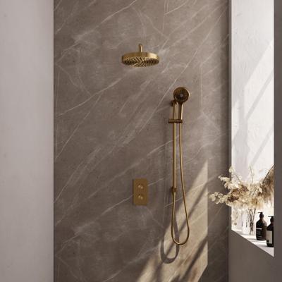 Brauer Stripe thermostatische inbouw regendouche 3-weg rechthoekig SET 23 met 25 cm douchekop en gebogen muurarm en 3-standen handdouche en doucheslang en geintegreerde glijstang goud geborsteld PVD