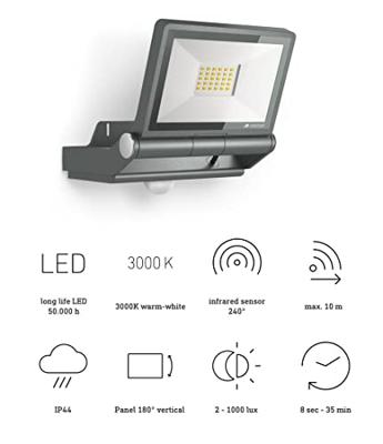 Steinel sensor buitenspot XLED one S 2200 lumen breedstralend 3000K hoogte max 6 meter wandmontage