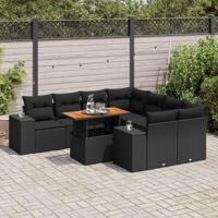 9-delige Loungeset met kussens poly rattan zwart - thumbnail