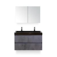 Maxx XL Badmeubelset 100 cm - Beton Antraciet - Wastafel Lucca 2 kraangaten - met Spiegelkast - thumbnail