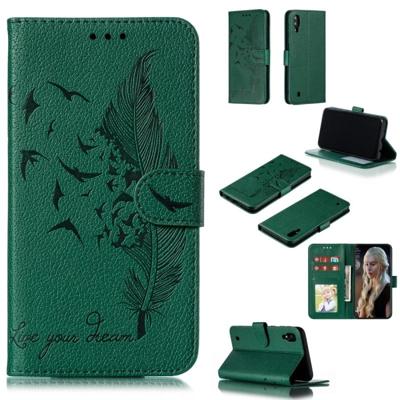Feather patroon Litchi textuur horizontale Flip lederen draagtas met portemonnee & houder & kaartsleuven voor Galaxy M10 (groen)