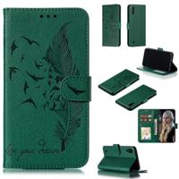 Feather patroon Litchi textuur horizontale Flip lederen draagtas met portemonnee & houder & kaartsleuven voor Galaxy M10 (groen) - thumbnail