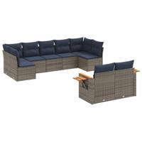9-delige Loungeset met kussens poly rattan grijs - thumbnail