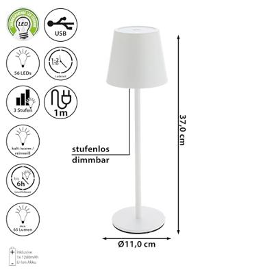 LED-tafelamp van wit metaal, voor binnen, (B/H/D) 11x38x11cm USB, ijzer, 56 LED, traploos dimbaar, 3 wittonen, koud-, warm-, puurwit, 1m USB naar USB-