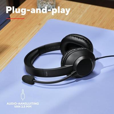 Trust Ayda Max Over-Ear Headset 3.5mm met Microfoon, Koptelefoon met Kabel van 1.8 m, 85% Gerecycled Plastic, Verstelbare Hoofdband, Headphones voor PC Computer Laptop Thuiswerken Teams Zoom, Zwart