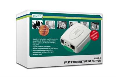 DIGITUS USB 2.0 Fast Ethernet Print Server, 1-Port, 1x USB A, 1x RJ45, Wit