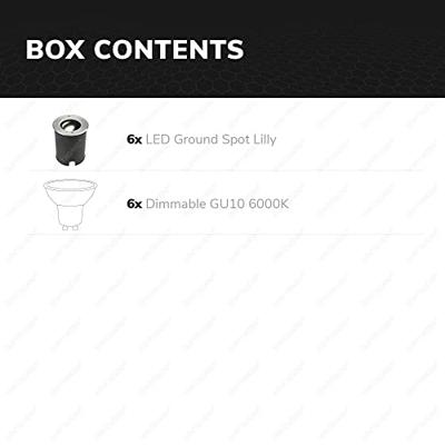 Set van 6 Lilly LED Grondspots - Dimbaar - Kantelbaar - GU10 - 6500K daglicht wit - 4 Watt 345 Lumen - Rond - IK10 - RVS - IP67 waterdicht Set van 6 Lilly LED Grondspots - Dimbaar - Kantelbaar - GU10 - 6500K daglicht wit - 4 Watt 345 Lumen - Rond - IK10 - RVS - IP67 waterdicht