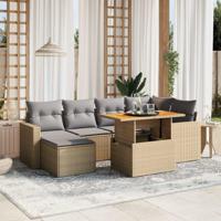 7-delige Loungeset met kussens poly rattan beige - thumbnail