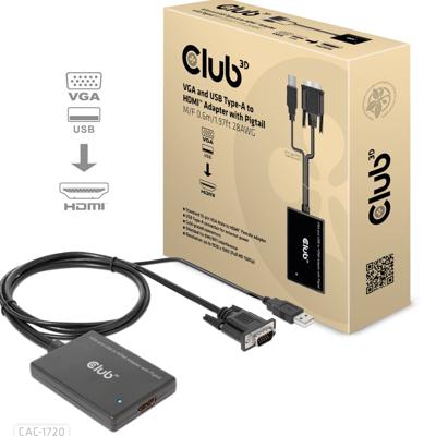 CLUB3D VGA and USB Type-A to HDMI Adapter with Pigtail M/F 0.6m/1.97ft 28AWG