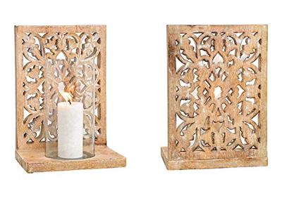 Windlicht bloemendecor, van mangohout, glas naturel (B/H/D) 24x35x17cm