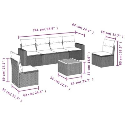 7-delige Loungeset met kussens poly rattan beige
