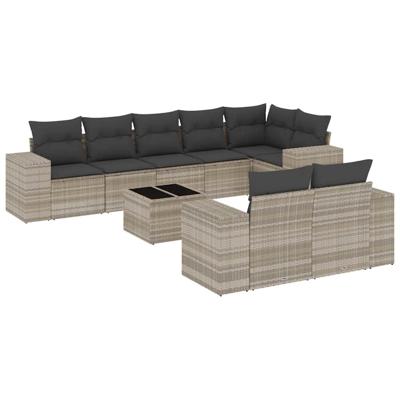 9-delige Loungeset met kussens poly rattan lichtgrijs