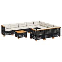 11-delige Loungeset met kussens poly rattan zwart - thumbnail