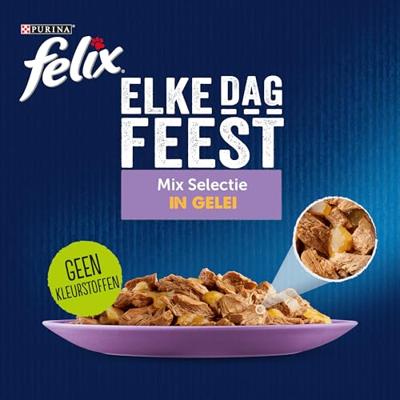 Felix Elke Dag Feest Mix Selectie met tonijn, kabeljauw, rund, kip in gelei natvoer kat 1 doos (80 stuks) - thumbnail
