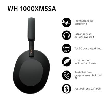 Sony WH-1000XM5SA Noise Cancelling draadloze hoofdtelefoon - 30 uur batterijduur - Over-ear - Geoptimaliseerd voor Alexa en Google Assistent - met ingebouwde microfoon voor telefoongesprekken – Zwart
