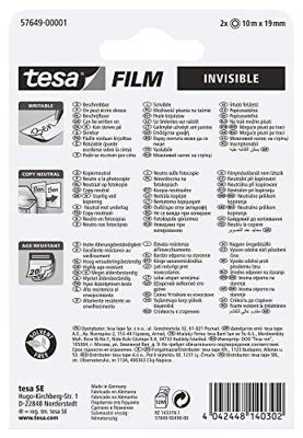 tesa 57649-00001-01 tesafilm Invisible Transparant (l x b) 10 m x 19 mm 2 stuk(s)