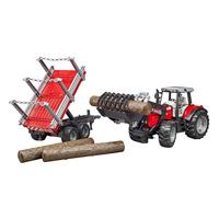 Bruder 02046 Massey Ferguson 7480 Tractor + Voorlader + Houttransportaanhanger + 3 Boomstammen - thumbnail
