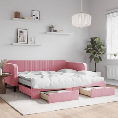 Slaapbank met onderschuifbed en lades 100x200 cm fluweel roze